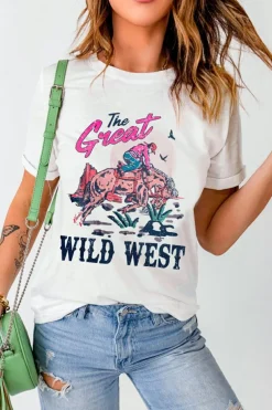 Fashion Dear-Lover The Great WILD WEST Rodeo Graphic Crew Neck T Shirt White