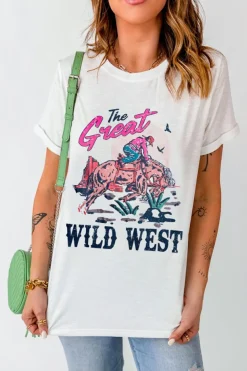 Fashion Dear-Lover The Great WILD WEST Rodeo Graphic Crew Neck T Shirt White
