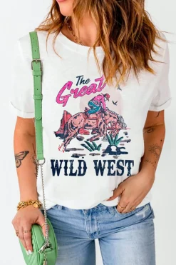 Fashion Dear-Lover The Great WILD WEST Rodeo Graphic Crew Neck T Shirt White
