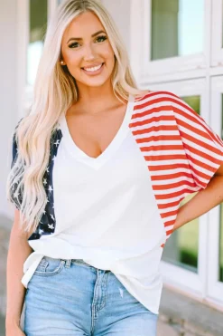 Best Dear-Lover The US Stars and Stripes V Neck Tee White