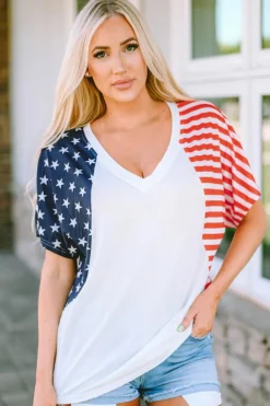 Best Dear-Lover The US Stars and Stripes V Neck Tee White