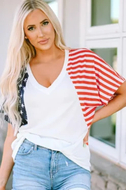 Best Dear-Lover The US Stars and Stripes V Neck Tee White