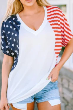 Best Dear-Lover The US Stars and Stripes V Neck Tee White
