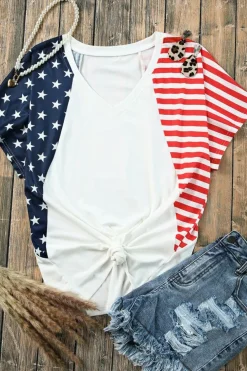 Best Dear-Lover The US Stars and Stripes V Neck Tee White