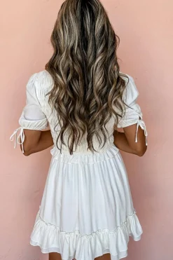 Sale Dear-Lover Tie Short Sleeves Smocked Ruffle Mini Dress White