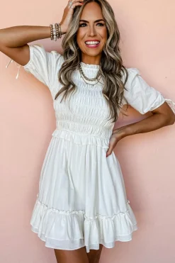 Sale Dear-Lover Tie Short Sleeves Smocked Ruffle Mini Dress White
