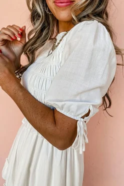 Sale Dear-Lover Tie Short Sleeves Smocked Ruffle Mini Dress White