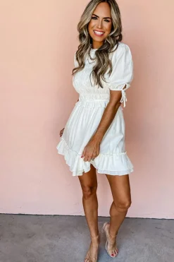 Sale Dear-Lover Tie Short Sleeves Smocked Ruffle Mini Dress White