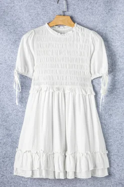 Sale Dear-Lover Tie Short Sleeves Smocked Ruffle Mini Dress White
