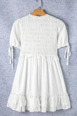 Sale Dear-Lover Tie Short Sleeves Smocked Ruffle Mini Dress White