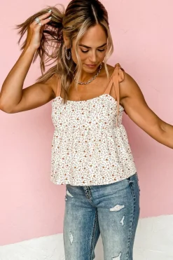 Outlet Dear-Lover Tied Shoulder Floral Print Babydoll Tank White