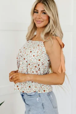 Outlet Dear-Lover Tied Shoulder Floral Print Babydoll Tank White