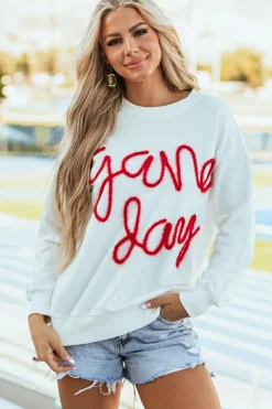 New Dear-Lover Tinsel Game Day Drop Shoulder Graphic Sweatshirt White