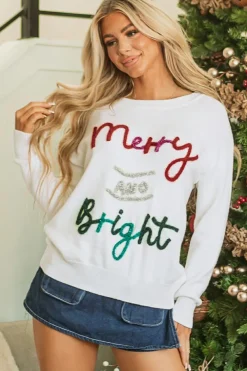 Discount Dear-Lover Tinsel Merry and Bright Graphic Christmas Sweater White