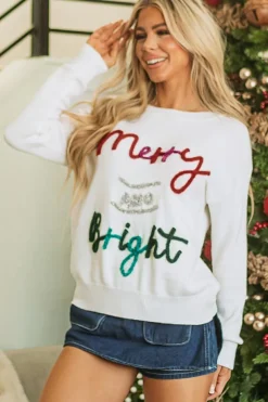 Discount Dear-Lover Tinsel Merry and Bright Graphic Christmas Sweater White
