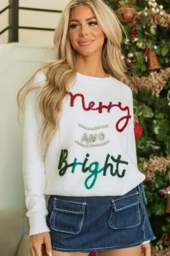 Discount Dear-Lover Tinsel Merry and Bright Graphic Christmas Sweater White