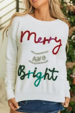 Discount Dear-Lover Tinsel Merry and Bright Graphic Christmas Sweater White