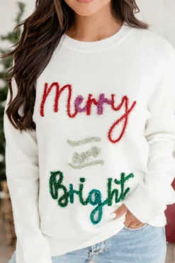 Discount Dear-Lover Tinsel Merry and Bright Graphic Christmas Sweater White
