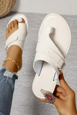 Clearance Dear-Lover Toe Ring Flat Sandal Slippers White