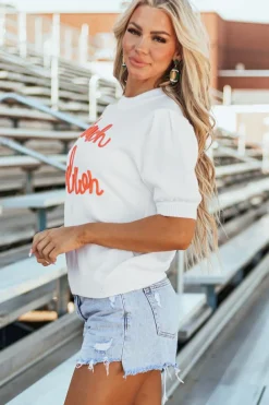 Clearance Dear-Lover Touchdown Tinsel Puff Short Sleeve Crew Neck Sweater White