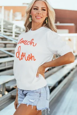 Clearance Dear-Lover Touchdown Tinsel Puff Short Sleeve Crew Neck Sweater White