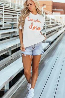Clearance Dear-Lover Touchdown Tinsel Puff Short Sleeve Crew Neck Sweater White