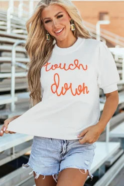 Clearance Dear-Lover Touchdown Tinsel Puff Short Sleeve Crew Neck Sweater White