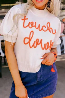 Clearance Dear-Lover Touchdown Tinsel Puff Short Sleeve Crew Neck Sweater White