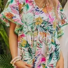 Discount Dear-Lover Tropical Floral Print Ruffled Short Sleeve Blouse White