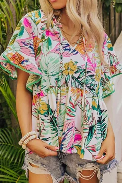 Discount Dear-Lover Tropical Floral Print Ruffled Short Sleeve Blouse White