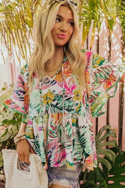 Discount Dear-Lover Tropical Floral Print Ruffled Short Sleeve Blouse White