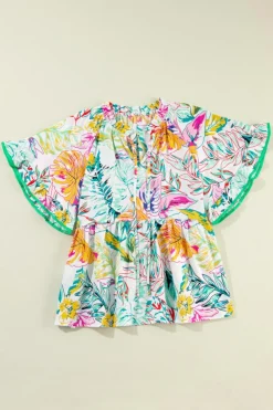 Discount Dear-Lover Tropical Floral Print Ruffled Short Sleeve Blouse White