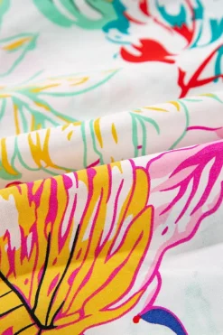 Discount Dear-Lover Tropical Floral Print Ruffled Short Sleeve Blouse White