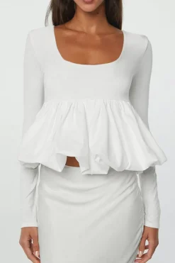 Hot Dear-Lover U Neck Long Sleeve Bubble Hem Top White