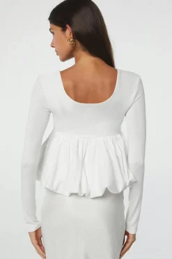 Hot Dear-Lover U Neck Long Sleeve Bubble Hem Top White