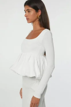 Hot Dear-Lover U Neck Long Sleeve Bubble Hem Top White