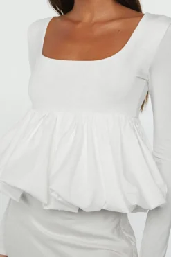 Hot Dear-Lover U Neck Long Sleeve Bubble Hem Top White
