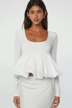 Hot Dear-Lover U Neck Long Sleeve Bubble Hem Top White