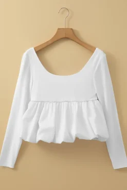 Hot Dear-Lover U Neck Long Sleeve Bubble Hem Top White