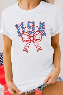 Outlet Dear-Lover USA Bow Letter Graphic Short Sleeve Top White