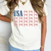 Discount Dear-Lover USA Flag Bow Knot Print Round Neck T Shirt White