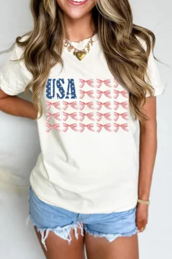 Discount Dear-Lover USA Flag Bow Knot Print Round Neck T Shirt White