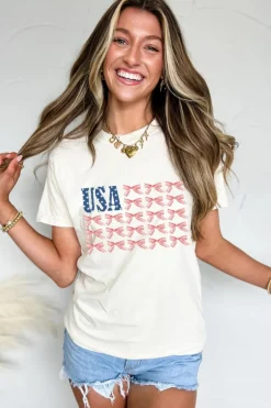 Discount Dear-Lover USA Flag Bow Knot Print Round Neck T Shirt White