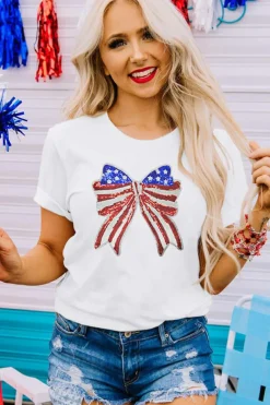 Fashion Dear-Lover USA Flag Bow Knot Patched Crew Neck T Shirt White