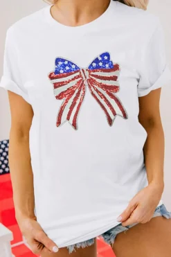 Fashion Dear-Lover USA Flag Bow Knot Patched Crew Neck T Shirt White