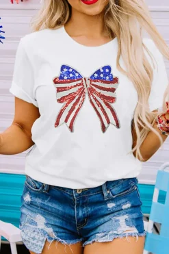 Fashion Dear-Lover USA Flag Bow Knot Patched Crew Neck T Shirt White