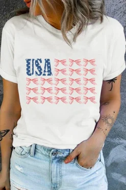 Discount Dear-Lover USA Flag Bow Knot Print Round Neck T Shirt White
