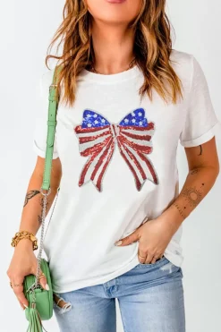 Fashion Dear-Lover USA Flag Bow Knot Patched Crew Neck T Shirt White