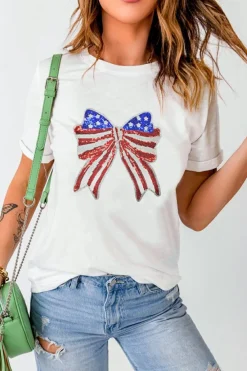 Fashion Dear-Lover USA Flag Bow Knot Patched Crew Neck T Shirt White