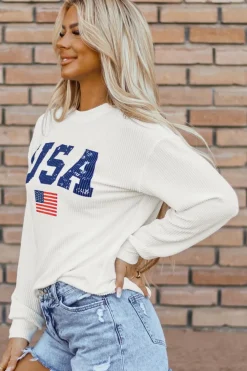 Hot Dear-Lover USA Flag Corded Graphic Sweatshirt White